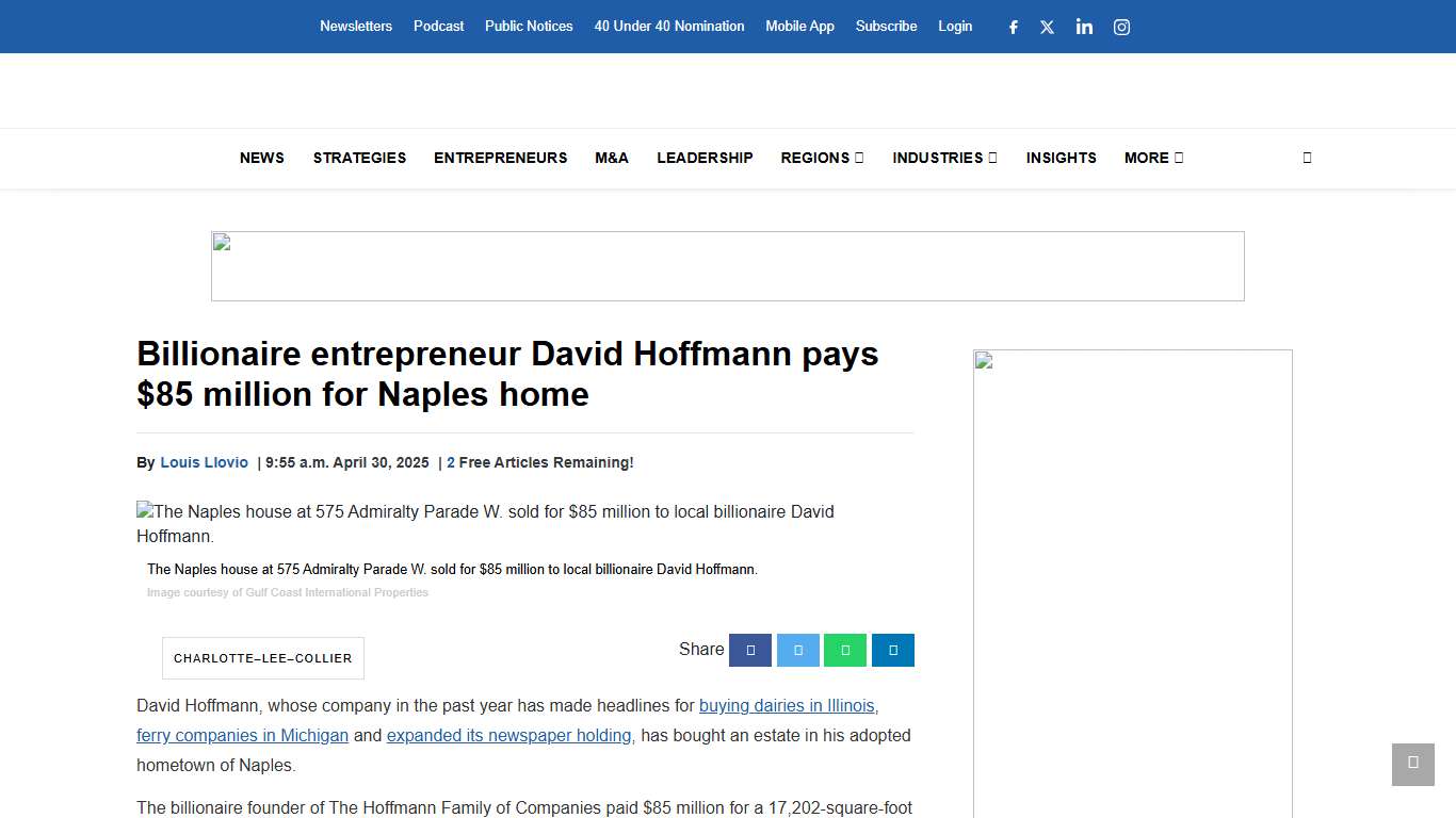 Billionaire entrepreneur David Hoffmann pays $85 million for Naples home Business Observer
